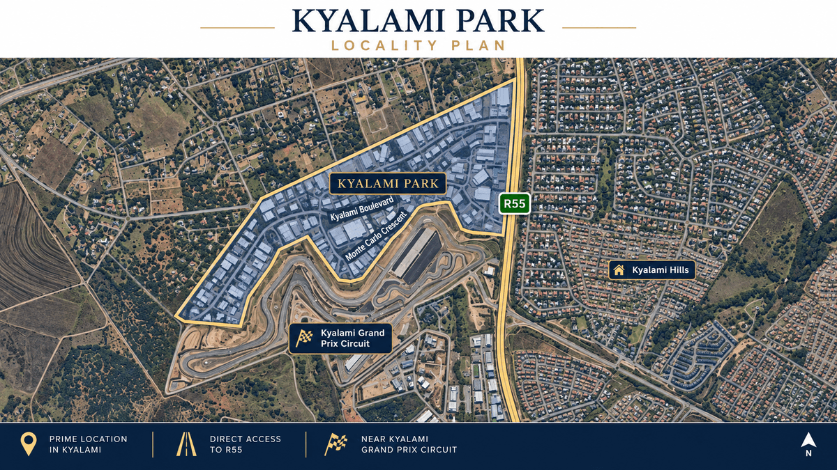 Locality plan showing Kyalami Park, the R55 and Kyalami Grand Prix Circuit