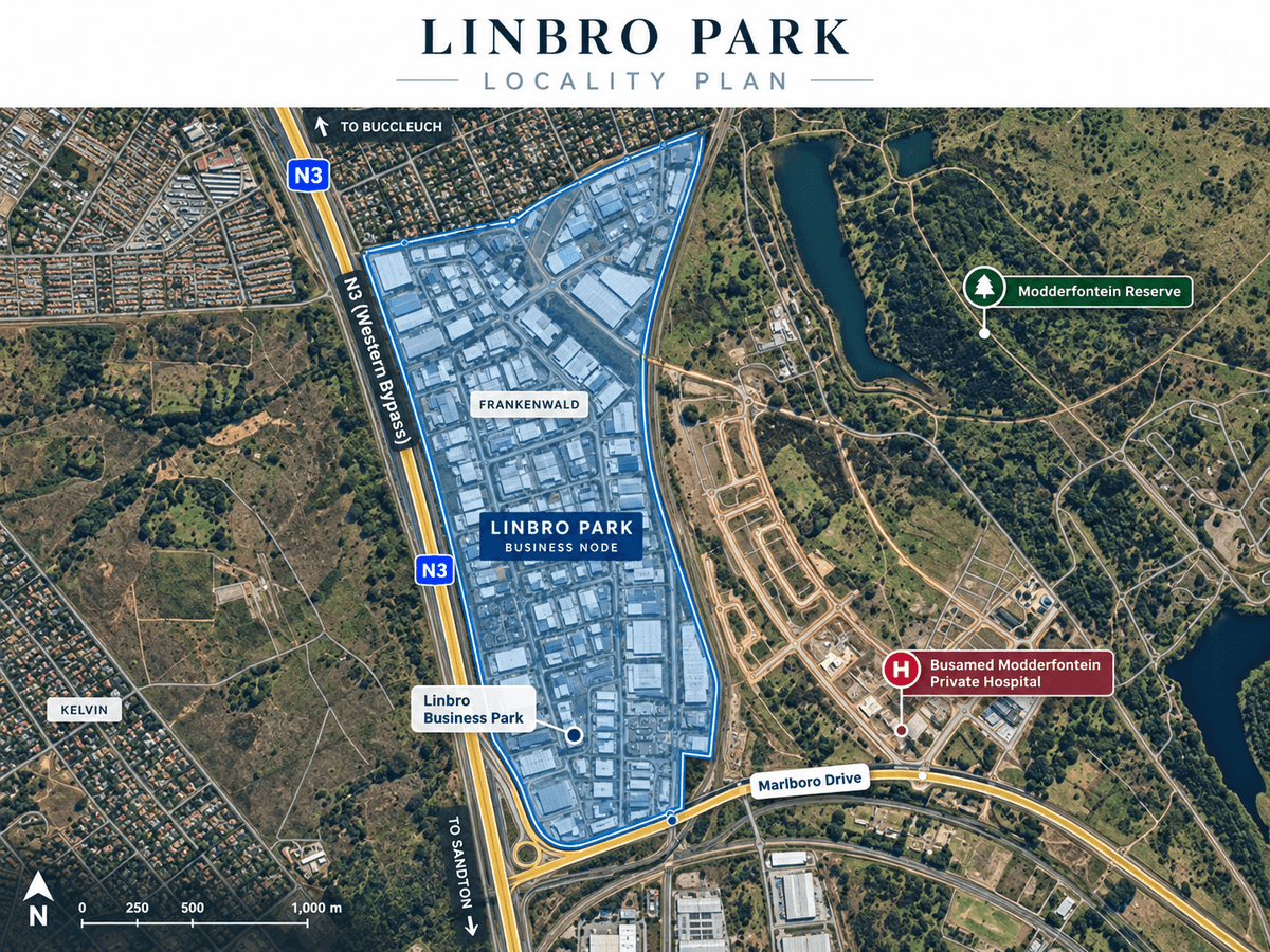 Linbro Park locality plan showing the N3, Marlboro Drive and Modderfontein