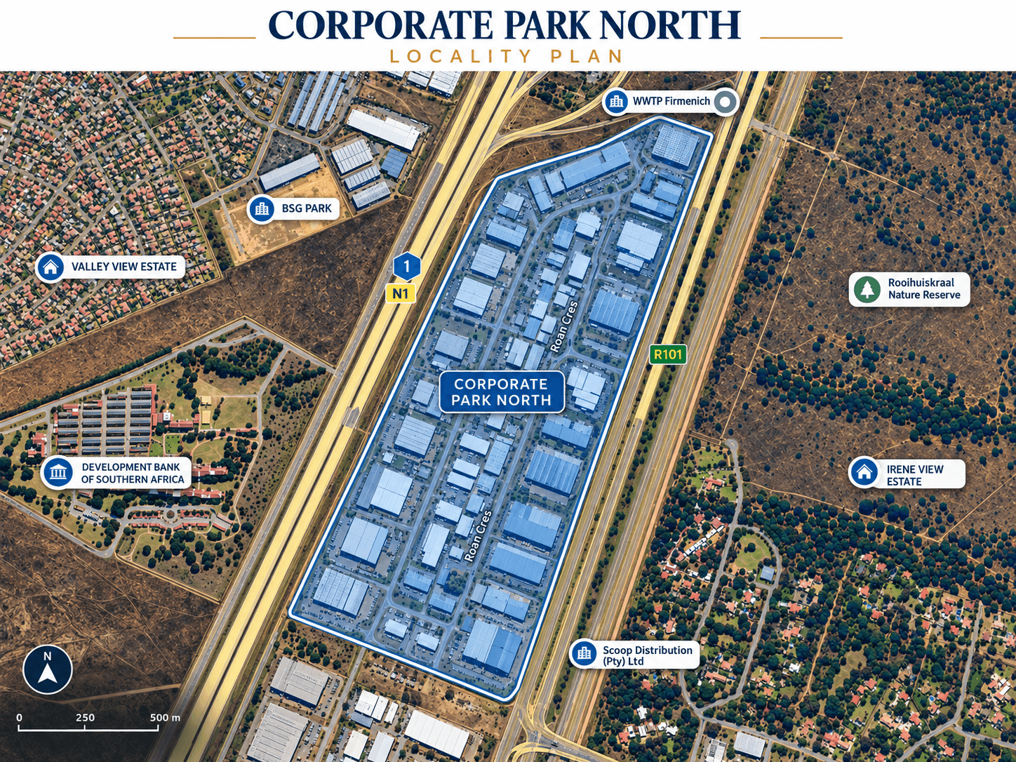 Corporate Park North locality plan showing the N1, R101 and surrounding Midrand area