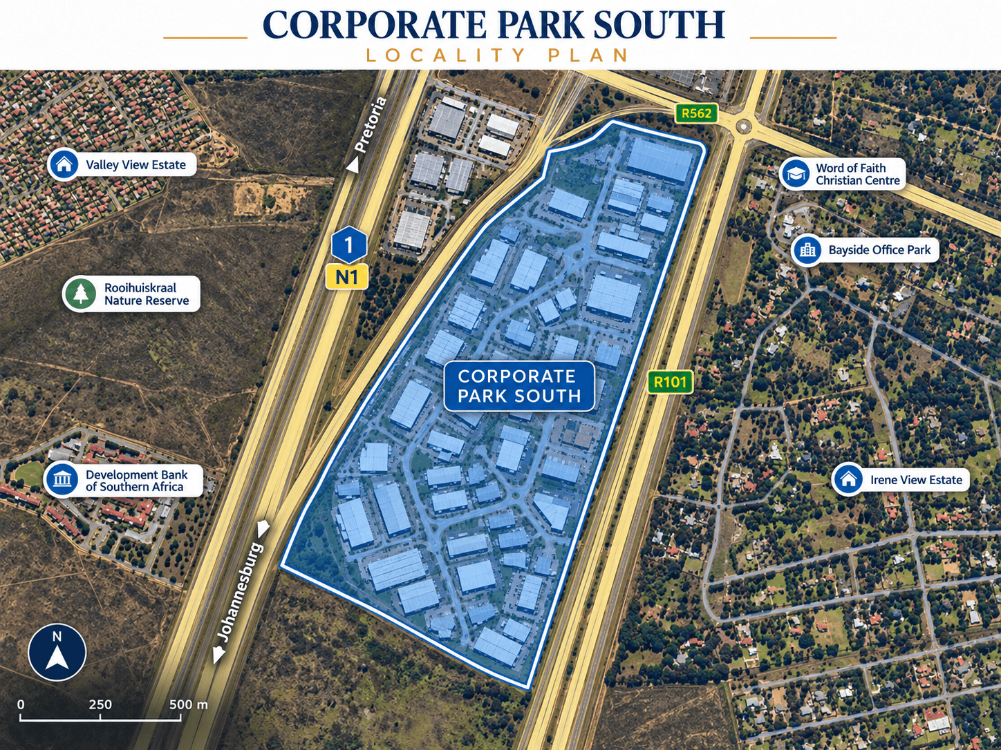 Corporate Park South locality plan showing the N1, R101 and R562 in Midrand