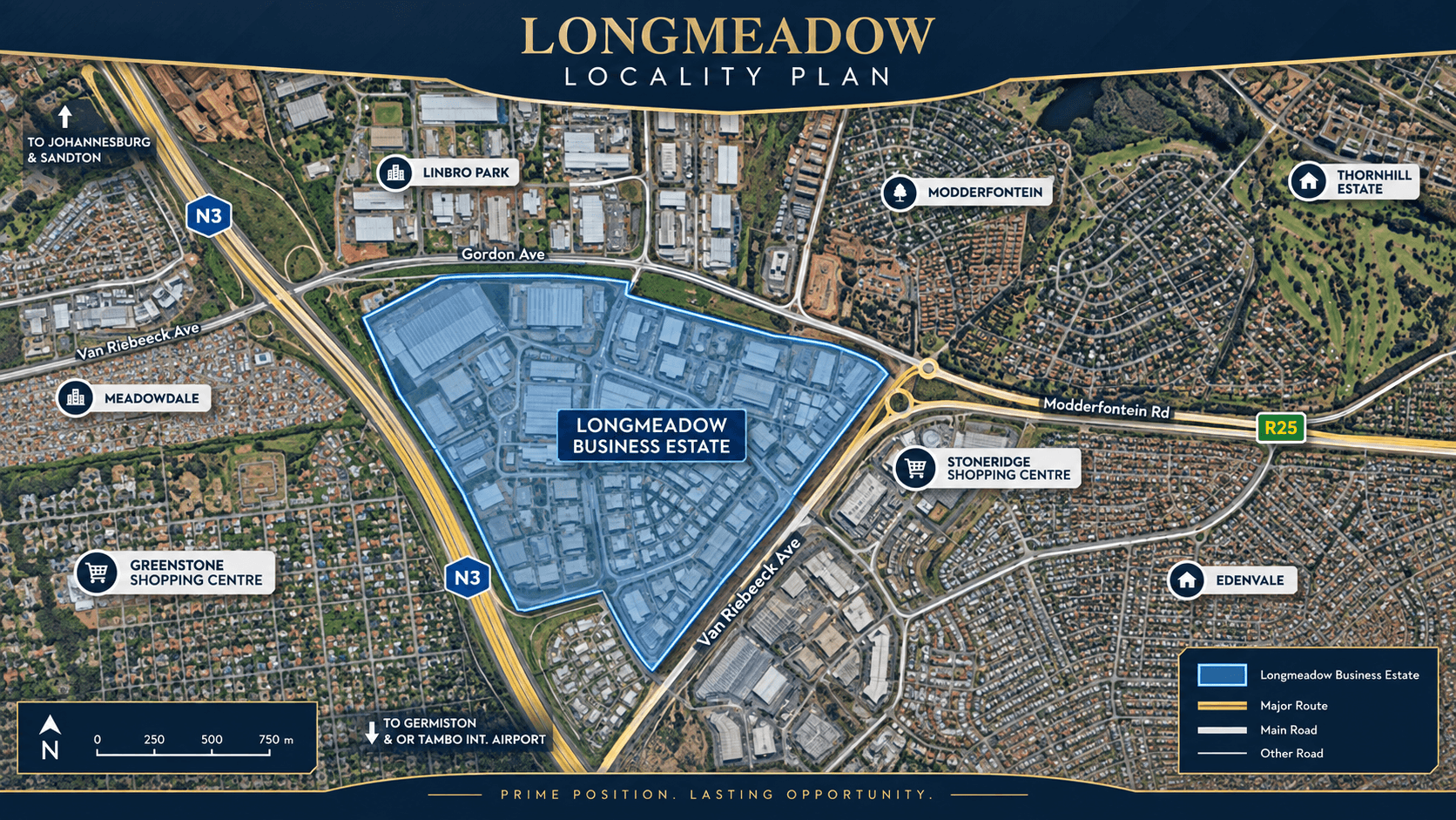 Longmeadow locality plan showing the N3, Modderfontein Road, Greenstone and surrounding Johannesburg areas